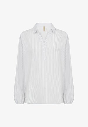 Weißes Langarmblusen mit vertikalen blauen Streifen, einem V-Ausschnitt und Knopfdétails. Mit lockeren, gerafften Ärmeln für Bewegungsfreiheit.