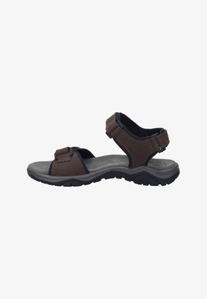 Braune Ledersandalen mit verstellbaren Riemen, gepolsterter Innensohle und einer strukturierten Gummisohle. Mit kontrastierendem Stich und sicheren Schnallen.