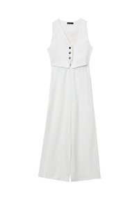 Jumpsuit bianco senza maniche con scollatura a V, tre bottoni neri sulla parte anteriore e pantaloni a gamba larga.