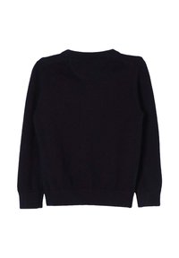 Maglione lavorato a maglia scuro con maniche lunghe e scollatura rotonda. Texture liscia, design semplice, senza motivi o accenti visibili.