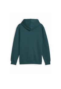 Sudadera color teal hecha de tela suave, con capucha ajustable, puños de canalé y un corte relajado. La vista trasera muestra una textura lisa sin logotipos.