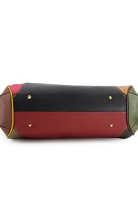 Leather bag featuring a cylindrical shape, multi-colored panels in black, red, green, pink, and brown, with gold hardware accents.