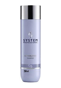 Shampoo LuxeBlond in una elegante bottiglia lilla chiara con un tappo argento, caratterizzato da un logo prominente e dettagli, capacità di 250 ml.