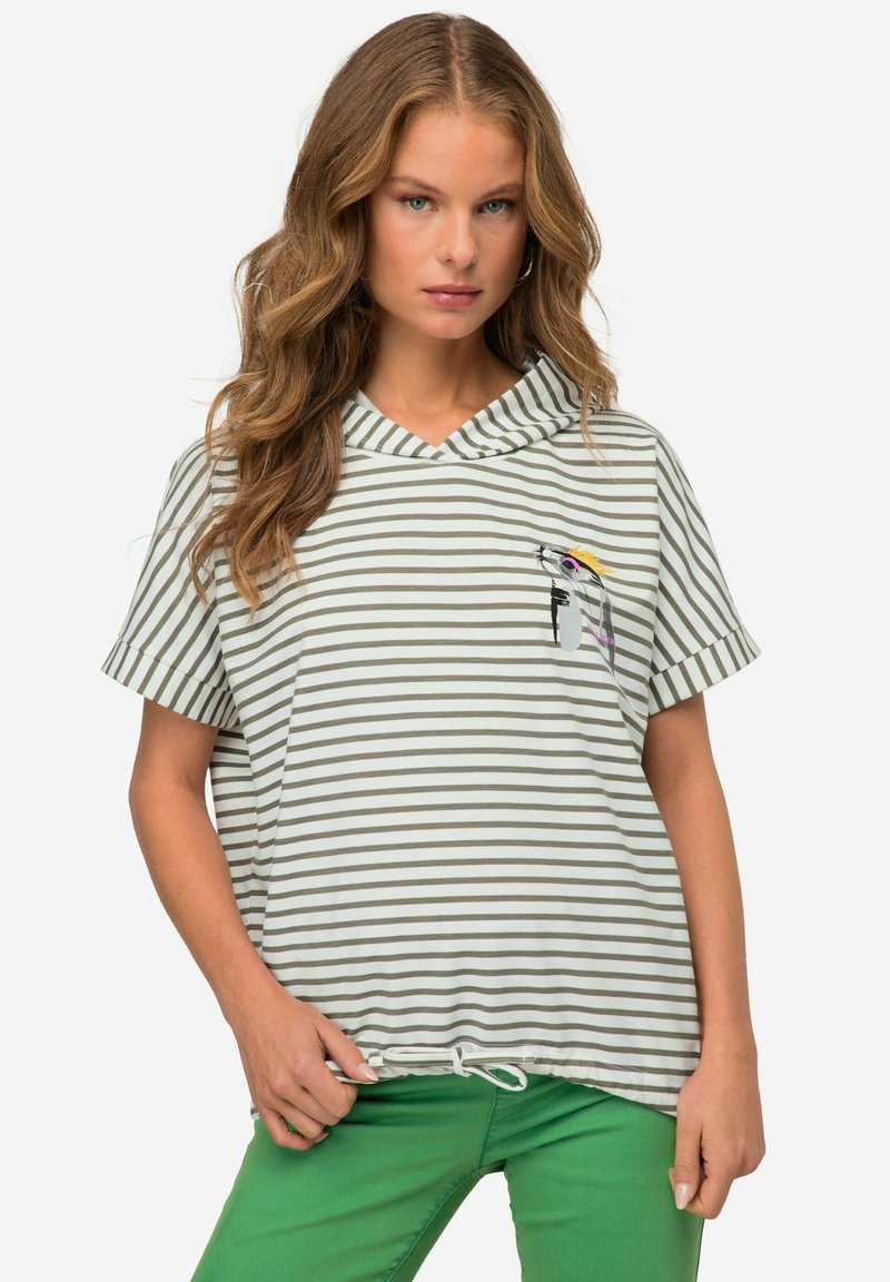 Sudadera corta de manga corta a rayas verdes y blancas con un dobladillo ajustable mediante cordón, que presenta un detalle gráfico bordado en el pecho.