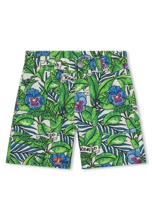 Pantaloni corti verdi con un motivo floreale che presenta fiori blu e viola, foglie verdi e etichette "Kenzo", realizzati in tessuto leggero.