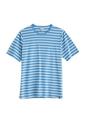 Niebieska i biała w paski koszulka z miękkiej bawełny, z okrągłym dekoltem i krótkim rękawem, z równymi poziomymi paskami.