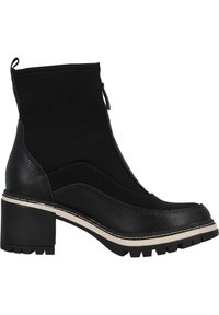 Botas negras de tobillo con un revestimiento texturizado, acentos suaves, punta redondeada y un tacón grueso. Presentan una cremallera lateral y una suela robusta.