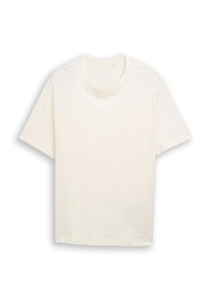 Tricou simplu alb, din bumbac, cu mâneci scurte și guler rotund, așezat plat pe un fundal alb.