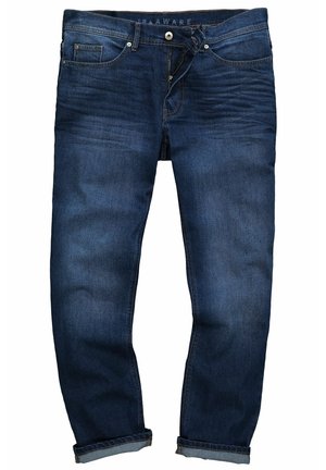 Mørkeblå denim jeans med lige pasform, fem lommer, knap- og lynlåslukning samt opbrettede manchetter. Glat tekstur og minimal udvaskning.