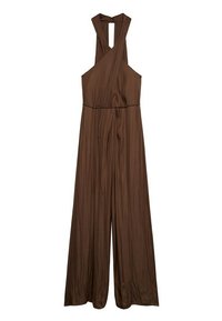 Mono marrón con diseño de espalda cruzada, piernas anchas y cintura ajustable con lazo. Fabricado en un material suave y fluido con pliegues verticales.