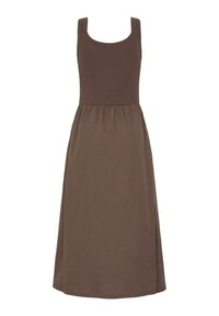 Robe marron sans manches avec un corsage ajusté, un décolleté rond, une taille froncée et une jupe midi évasée.