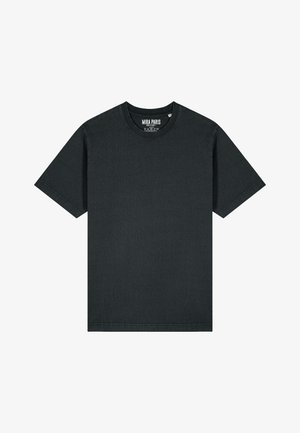 T-shirt en coton noir avec un col rond et des manches courtes. Texture lisse avec une coupe décontractée, affichant le nom de la marque "MIRA PARIS" à l'intérieur.