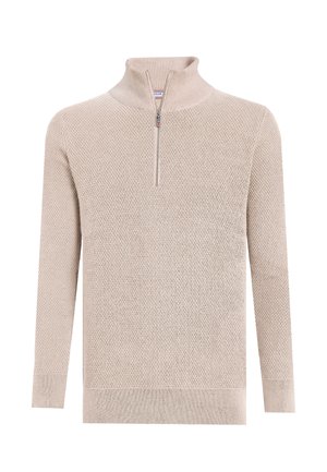 Maglione beige in maglia con maniche lunghe, collo alto a coste e zip frontale a quarto. Tessuto di lana strutturato con polsini e orlo a coste.