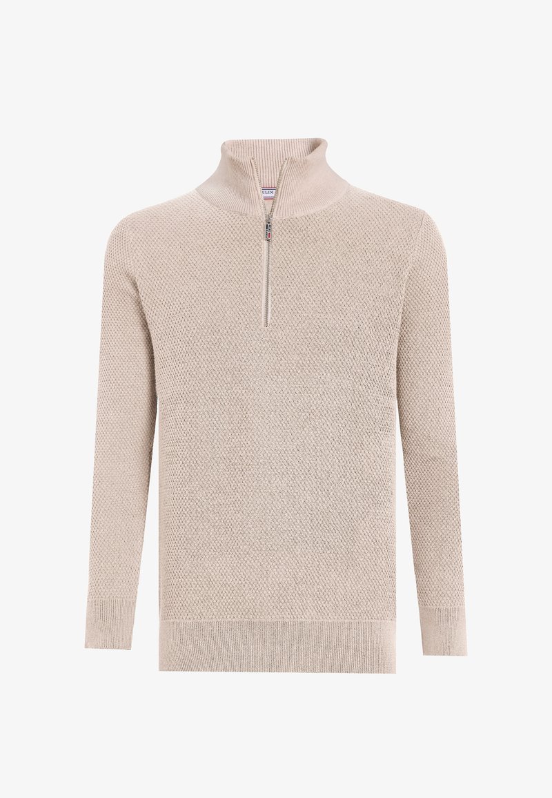Pull en maille beige à manches longues, col montant côtelé et fermeture éclair devant sur un quart. Tissu en laine texturée avec poignets et ourlet côtelés.