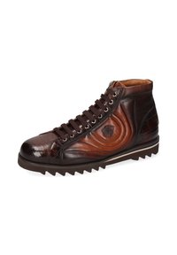 Sneaker alta in pelle marrone scuro con motivo croc texturizzato, dotata di accenti marroni lisci in contrasto, punta rotonda e suola in gomma.
