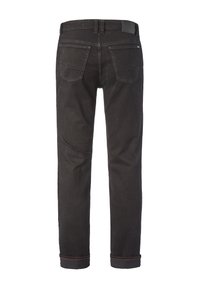 Black denim jeans with a straight fit, featuring five pockets, visible stitching, and a cuffed hem with red accents. Smooth texture.