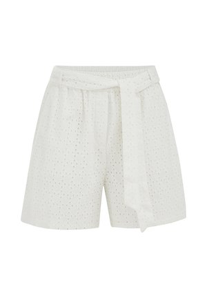 Pantaloni scurți din țesătură albă cu model ochiuri, talie înaltă și curea asortată legată în față, cu un model subtil de puncte și croială lejeră.