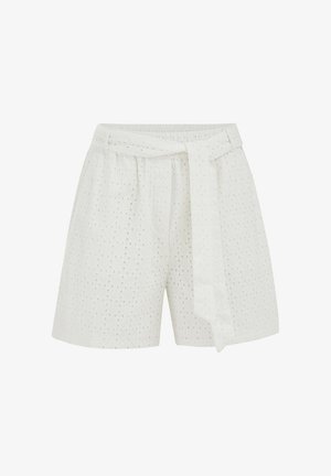 Fehér, hímzett pamut rövidnadrág magas derékkal és hozzáillő övvel, amely az elején megkötve, finom pöttyös mintával és kényelmes szabással rendelkezik.