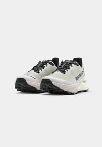 Ελαφριά παπούτσια τρεξίματος σε λευκό και γκρι χρώμ α με διαπνέον ανώτερο τμήμα από διχτυωτό υλικό, μαύρα κορδόνια και υφή μαύρης ελαστικής σόλας για πρόσφυση.