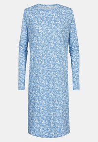 Robe à manches longues bleu clair avec un motif floral blanc, dotée d'un col rond et d'une coupe droite et décontractée.