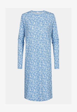 Langearmige jurk in lichtblauw met een wit bloemenpatroon, met een ronde halslijn en een rechte, ontspannen pasvorm.