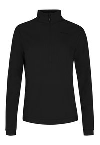 Zwarte pullover, hoge kraag met kwart rits, geribbeld textuur, lange mouwen, slim fit ontwerp, minimalistische branding op de borst.