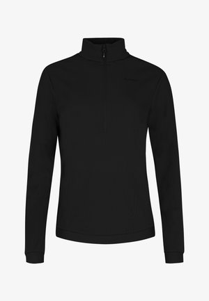 Zwarte pullover, hoge kraag met kwart rits, geribbeld textuur, lange mouwen, slim fit ontwerp, minimalistische branding op de borst.