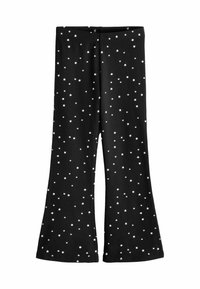 Zwarte flared broek met een herhalend wit sterrenpatroon. Gemaakt van zachte, rekbare stof met een elastische tailleband voor extra comfort.