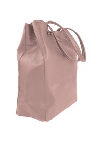 Pink textured leather tote bag with two handles and a spacious rectangular shape, featuring a smooth finish and minimal detailing.