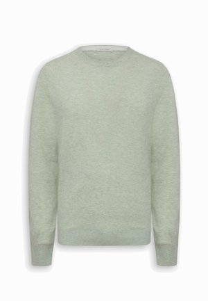 Jasnozielony sweter z dzianiny o okrągłym dekolcie, z długimi rękawami oraz ściągaczami przy mankietach i dole.