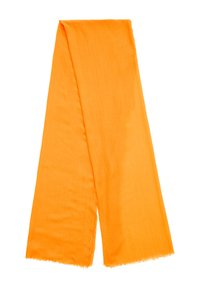 Orangeschal aus leichtem Stoff mit einer leicht gekräuselten Textur. Die Kanten sind fransig, was einen weichen Abschluss schafft.