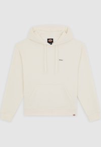 Felpa color crema con tasca frontale, cappuccio con cordino e piccolo logo sul petto. Realizzata in tessuto morbido con polsini a costine.