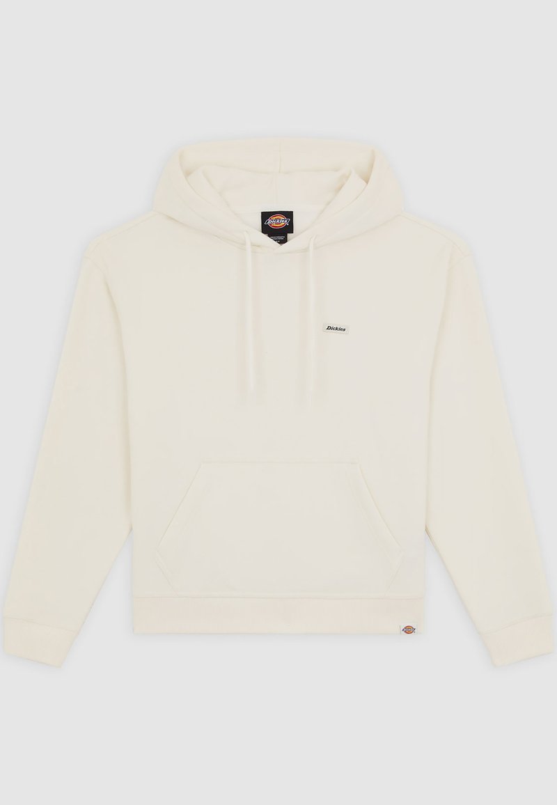Sudadera color crema con un bolsillo frontal tipo pouch, capucha con cordones y un pequeño logo en el pecho. Fabricada con un tejido suave y puños de canalé.