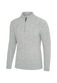 Hellgrauer Pullover mit hohem Kragen, ausgestattet mit einem halben Reißverschluss. Das strukturierte Strickmuster zeigt ein Zopfmuster über das gesamte Kleidungsstück.