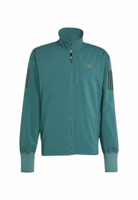 Veste de sport en teal fabriquée dans un matériau lisse et léger. Dotée d'un col haut, d'une fermeture éclair à l'avant et de trois bandes sombres sur les épaules.