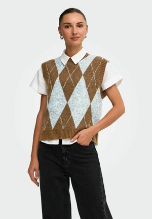 Femme portant un gilet tricoté à motif losanges marron et bleu clair sur une chemise blanche à manches courtes avec col, pantalon noir, debout avec une main dans la poche.