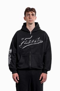 Black zip-up hoodie with large white graphic text on the front and gray graphic details on the sleeve. Featuring a hood and pockets.