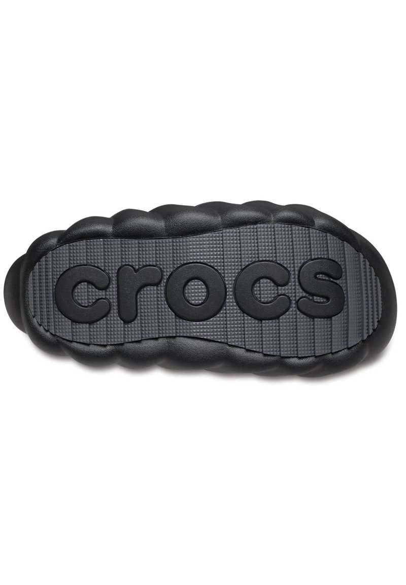 Zwarte Crocs-zool van gestructureerd grijs rubber, met een prominent "crocs" logo en ronde, gewatteerde randen voor comfort en duurzaamheid.