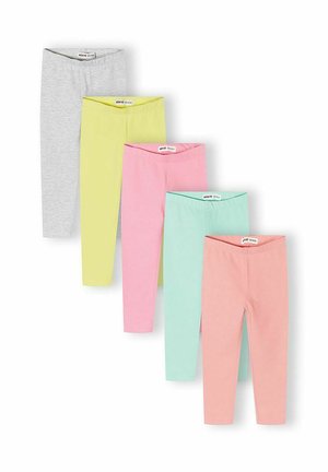 Pięć par złożonych legginsów dziecięcych w kolorach: szarym, żółtym, różowym, jasnoniebieskim i brzoskwiniowym, ułożonych diagonalnie.