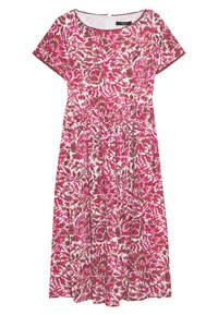 Robe à manches courtes, longueur genou, avec motif floral rose et marron sur fond blanc et col rond.