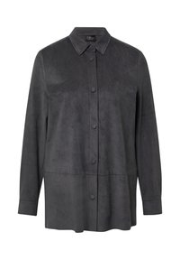 Schwarze Wildlederhemdjacke mit Kragen, langen Ärmeln und durchgehender Knopfleiste. Besitzt eine glatte Textur und einen lockeren Schnitt.