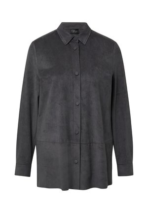 Zwarte suede overhemdjack met een kraag, lange mouwen en knoopsluiting aan de voorkant. Beschikt over een gladde textuur en een relaxte pasvorm.