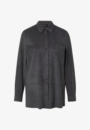 Zwarte suede overhemdjack met een kraag, lange mouwen en knoopsluiting aan de voorkant. Beschikt over een gladde textuur en een relaxte pasvorm.