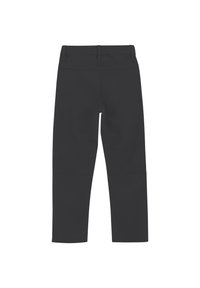 Svarta träningsbyxor med en slät textur, som har en medelhög midja, raka ben och inga synliga fickor eller utsmyckningar.