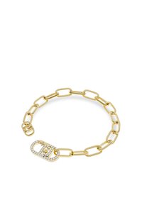 Bracciale in oro con maglie allungate, dotato di un fermaglio decorativo impreziosito da pietre trasparenti. Design elegante e minimalista.