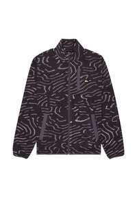 Fleece jacket in dark purple with a wave-like pattern in light purple, featuring a high collar and zippered pockets on the front.