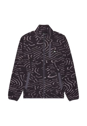 Fleece jacket in dark purple with a wave-like pattern in light purple, featuring a high collar and zippered pockets on the front.