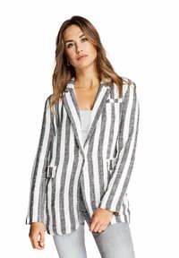 Striped blazer in gray and white linen. Features notched lapels, two front pockets, and a single button closure. Relaxed fit.