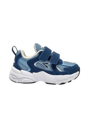 Scarpa da ginnastica per bambini blu e azzurro chiaro con suola bianca, tomaia in mesh, due cinturini in Velcro e linguetta posteriore.
