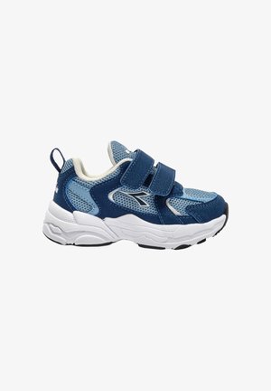 Scarpa da ginnastica per bambini blu e azzurro chiaro con suola bianca, tomaia in mesh, due cinturini in Velcro e linguetta posteriore.